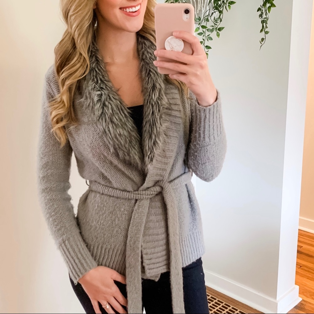 A.N.A Fur Collar Cardigan Sweater Grey